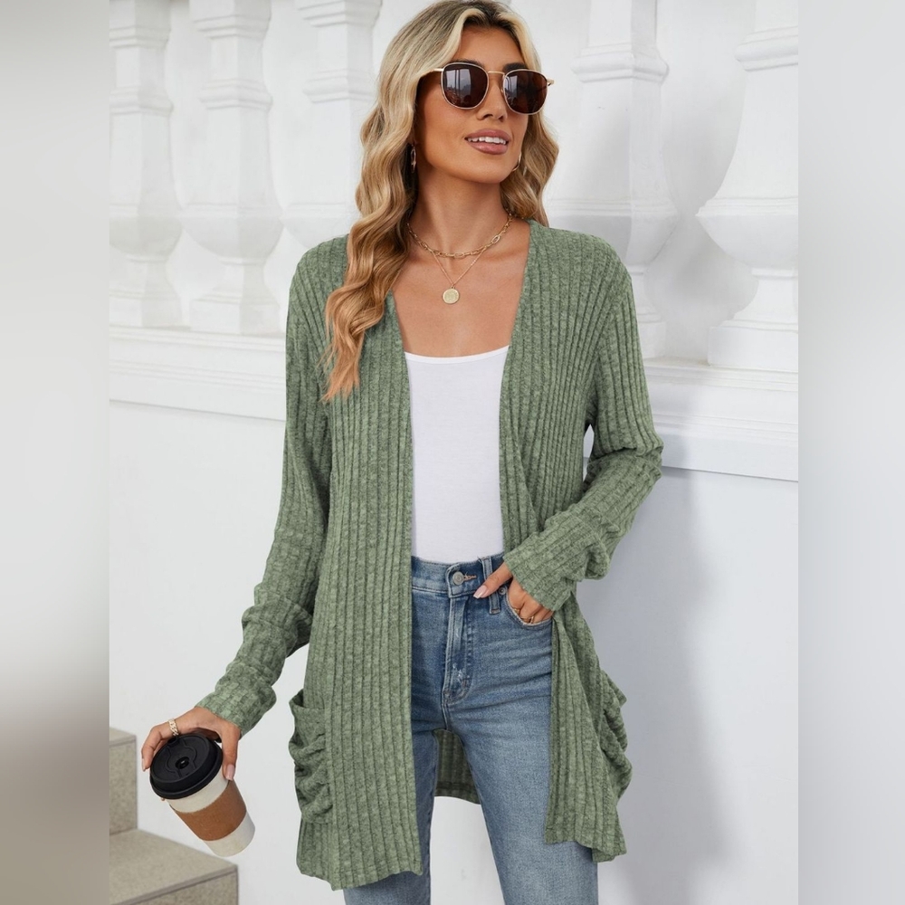 Women's Green Ribbed Sweater Cardigan